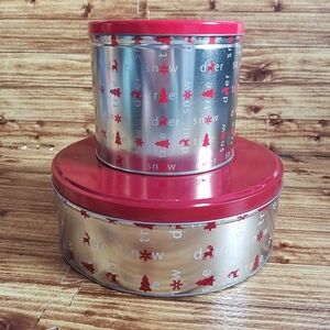 Festive Holiday Cookie Tin Red/Silver Christmas Food Storage Gift Giving Metal